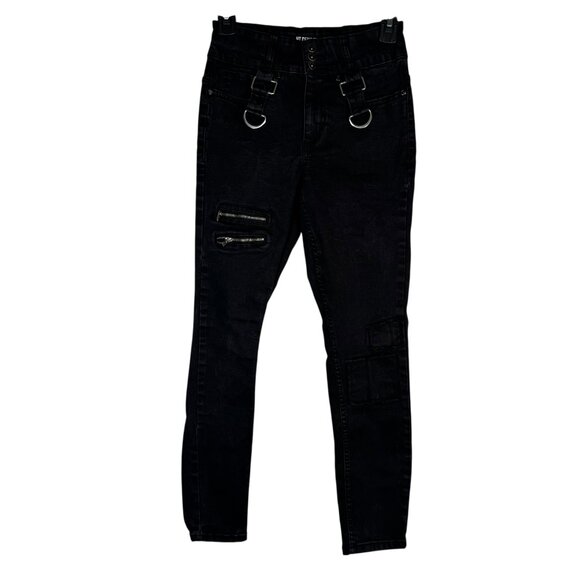 Hot Topic Denim Black Hi-Rise Super Skinny Jeans w/ Zippers D-Rings Goth Punk 3 - Picture 1 of 7